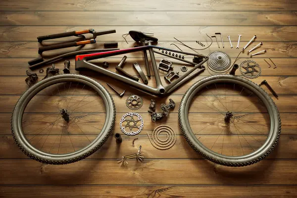 Szétszerelt Kerékpáralkatrészek Aprólékosan Szétterített Bemutatása Fapadlón Kiemelve Kerékpárjavítás Összeszerelés Elemeit — Stock Fotó