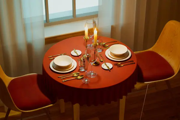 Ein Exquisites Romantisches Dinner Arrangement Für Ein Paar Mit Warmem — Stockfoto