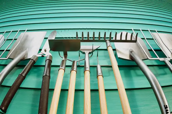 Meticulously Arranged Collection Vital Gardening Tools Spanning Striking Green Wooden — Stock Photo, Image