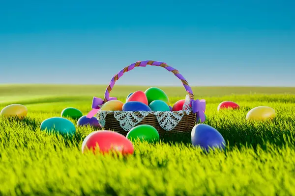 Delightful Painted Easter Eggs Nestled Rustic Wicker Basket Tied Ribbon — Stock Photo, Image