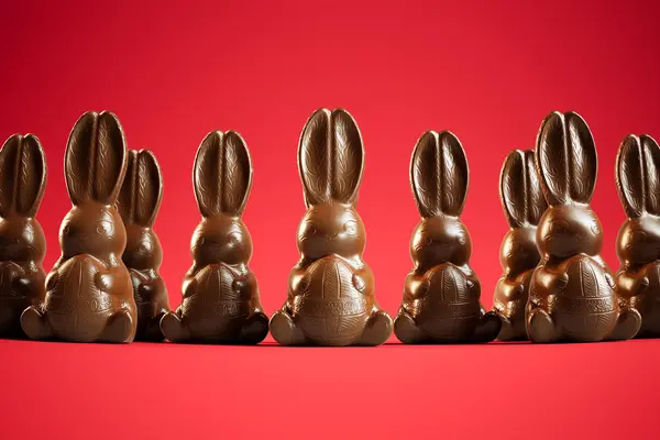 Dokonale Lemované Čokoládové Velikonoční Zajíčky Vystavené Nápadném Červeném Pozadí Ztělesňující — Stock fotografie