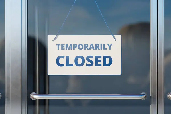 Знак Указывающий Временное Закрытие Отображающийся Стеклянных Дверях Бизнеса Отражающий Окружающую — стоковое фото