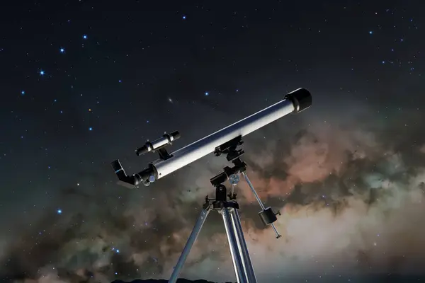 三脚の光学望遠鏡は 星が置かれた活気に満ちた夜行性タペストリーと遠くの星雲の輝く色に囲まれて 上記の不思議に目を誘います — ストック写真