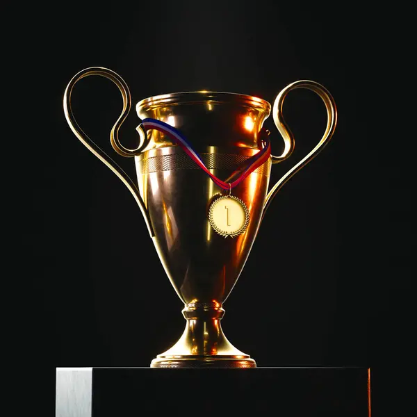 Stunning Image First Place Golden Trophy Medal Meticulously Isolated Dark — Stock Photo, Image