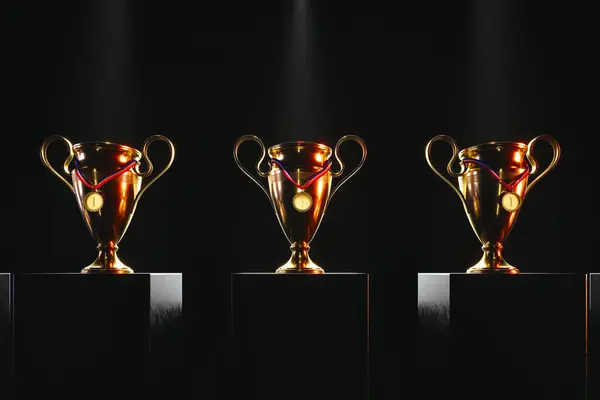 Distinguished Set Three Golden Trophies Each Adorned Vibrant Red Ribbon — Stock Photo, Image