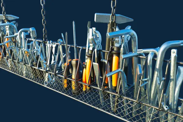 Extensive Assortment Essential Hand Tools Meticulously Arranged Suspended Wire Basket — Stock Photo, Image