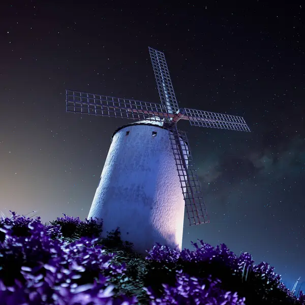 一座古老的风车矗立在星光灿烂的挂毯下 周围环绕着一片紫罗兰的花朵 在这田园诗般的夜景中营造出一种宁静 永恒的氛围 — 图库照片