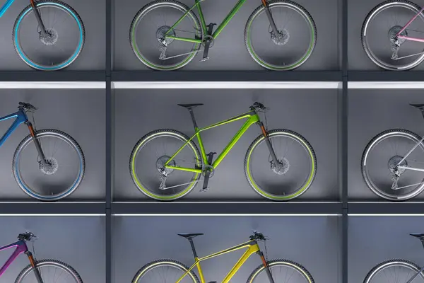 Ein Auffälliges Schaufenster Mit Verschiedenen Modernen Fahrrädern Kunstvoll Arrangiert Und — Stockfoto