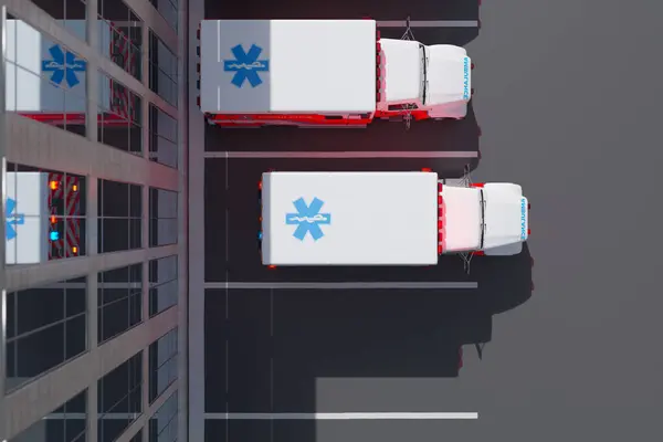Aerial perspective captures a striking visual of multiple ambulances lined up on an urban street, symbolizing prompt medical intervention and public service readiness.