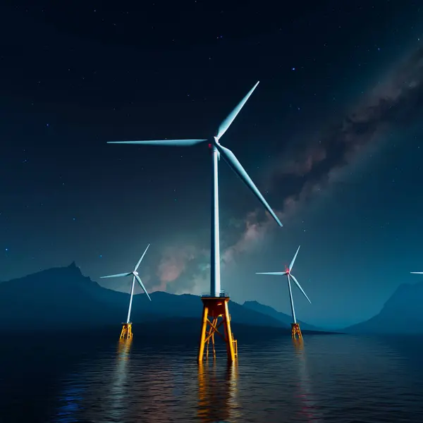 Silhouettes of offshore wind turbines rise majestically under the celestial blanket of a starry night, representing the harmonious blend of nature and advanced renewable energy solutions.