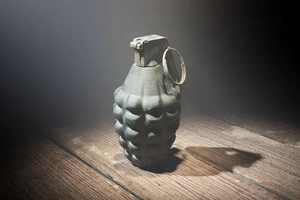 Deactivated Hand Grenade Lies Wooden Surface Its Silhouette Intensified Sharp — Stock Photo, Image
