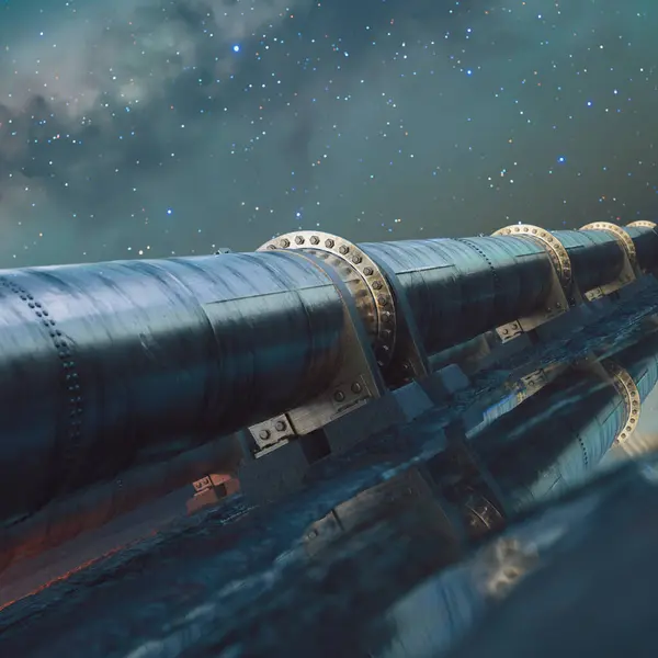 Riesige Metallische Pipelineinfrastruktur Die Sich Unter Einem Sternenübersäten Nachthimmel Ausbreitet — Stockfoto
