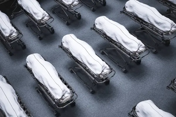 Stark Morgue Setting Revealing Several Bodies Shrouded White Lined Metal — Stock Photo, Image