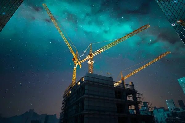 都市建設現場で畏敬の念を抱くシーンで オーロラのボアリスの倫理的な輝きの下にクレーンが点灯し 星で満たされた夜空に設定 — ストック写真
