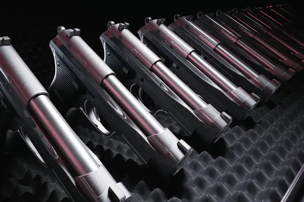 Múltiplas Pistolas Arranjo Impecável Contra Fundo Escuro Texturizado Mostrando Uma — Fotografia de Stock