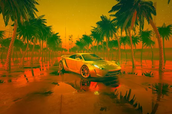 Surreal Scene Advanced Electric Sports Car Surrounded Palm Trees Reflecting — Stock Photo, Image