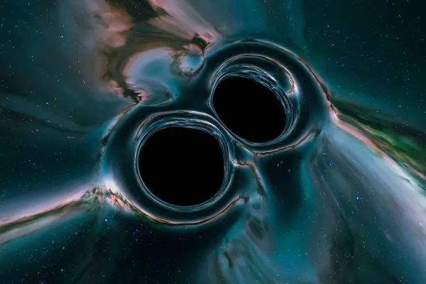 Uderzająca Ilustracja Uchwyca Wyimaginowany Moment Kiedy Dwie Czarne Dziury Łączą — Zdjęcie stockowe