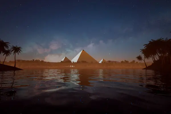 Hisnande Nattlig Utsikt Visar Upp Stora Giza Pyramiderna Himmelsk Bonad — Stockfoto