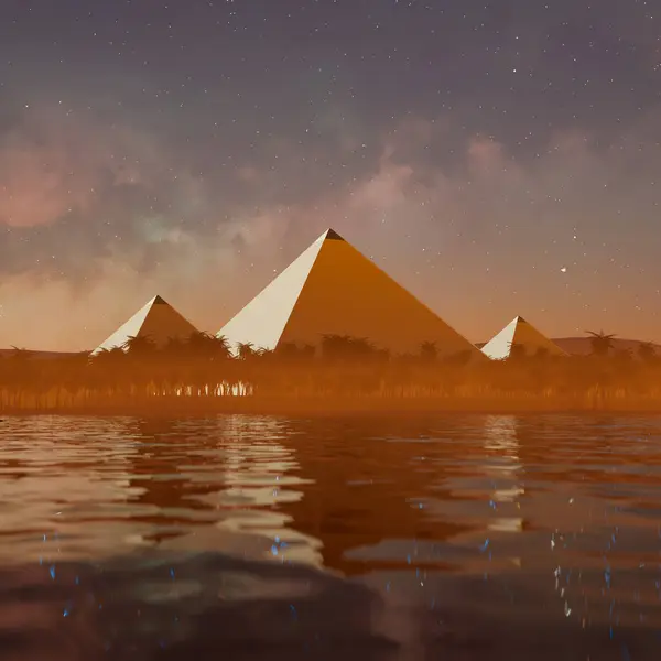 The Great Pyramids of Giza bask under a captivating starlit sky, with their ancient silhouettes mirrored in the still waters at their base, evoking a sense of timeless wonder.