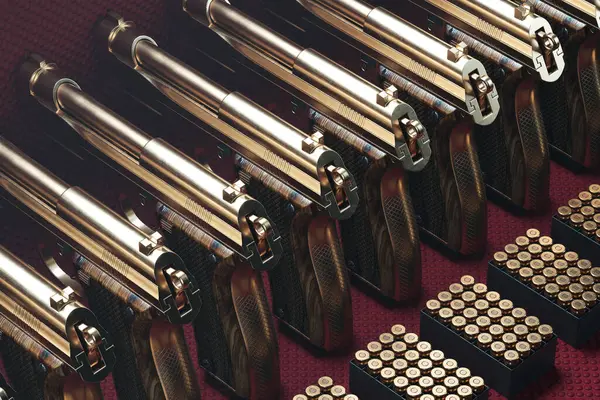 Display High End Custom Engraved Handguns Matching Ammunition All Elegantly — Stock Photo, Image