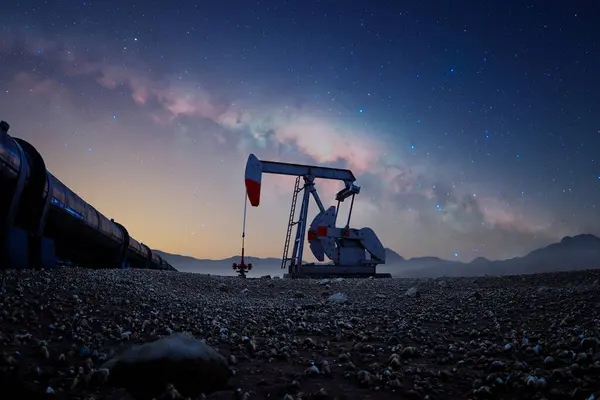 在寂静的夜晚 在星空的映衬下 一个油泵的轮廓凸显了业内持续不断的能量提取努力 — 图库照片