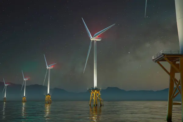 Pemandangan Laut Malam Hari Yang Megah Yang Menampilkan Turbin Angin — Stok Foto