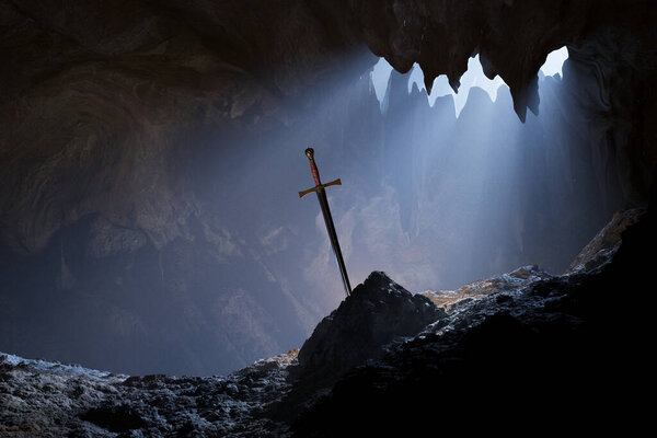 Captivating scene of a historic medieval sword thrust into rock, with a singular sunbeam spotlighting it in the midst of cavern shadows.
