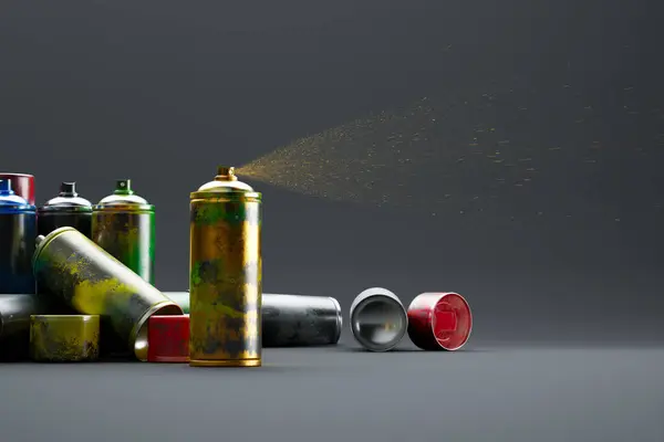 Eye Catching Assortment Used Spray Paint Cans Captured Mid Spray — Stock Photo, Image
