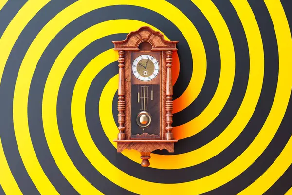 An exquisite antique wooden pendulum wall clock with detailed Roman numerals poised elegantly against a mesmerizing yellow and black spiral pattern backdrop, embodying vintage charm.