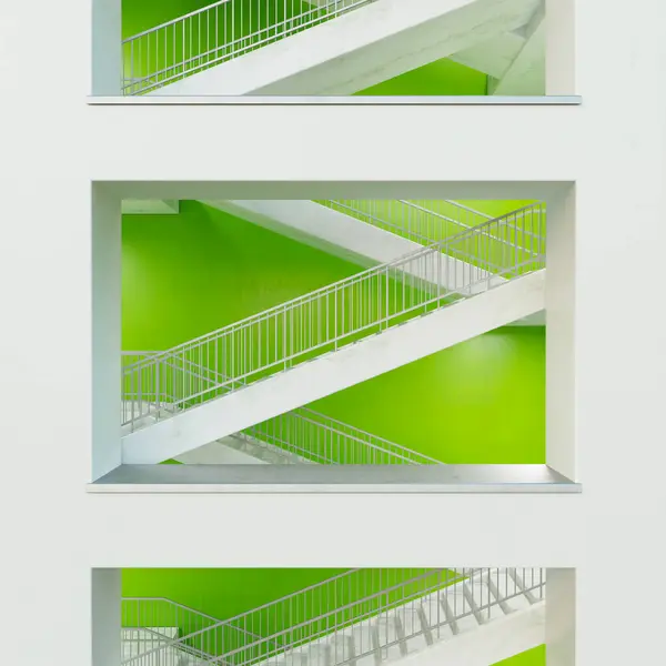 Striking Image Sleek Staircase Encapsulated Vivid Green Walls Showcasing Harmony — Stock Photo, Image