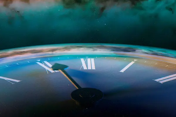 Artwork Captures Seamless Merger Clock Face Vast Cosmic Sky Conjuring — Stock Photo, Image