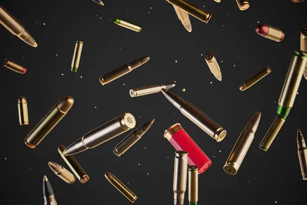 Comprehensive Collection Ammunition Showcasing Variety Caliber Sizes Frozen Mid Air — Stock Photo, Image