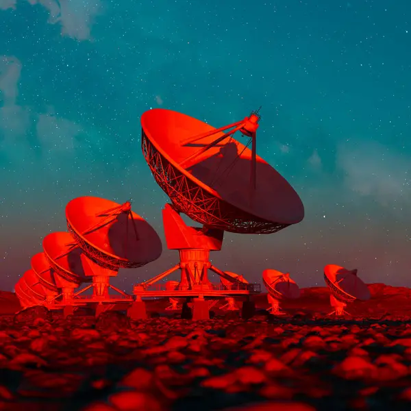 Twilight Scene Featuring Array Colossal Radio Telescopes Dishes Pointed Upwards — Stock Photo, Image