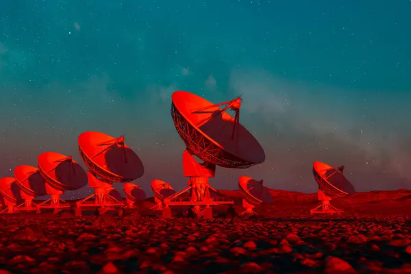 Impressive Network Red Radio Telescopes Star Studded Twilight Sky Showcasing — Stock Photo, Image