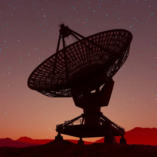 Captivating Silhouette Gigantic Radio Telescope Dusky Twilight Sky Peppered Stars — Stock Photo, Image