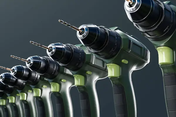 Display Multiple Green Black Battery Operated Cordless Drills Attached Bits — Stock Photo, Image