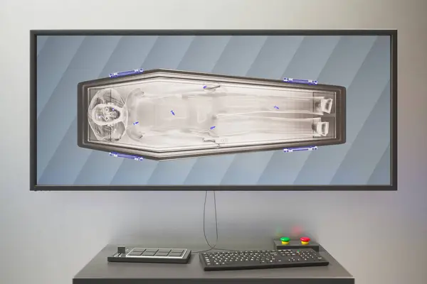 この魅力的なデジタルアートワークは コンピュータ化されたワークステーションの背景と並行して棺の中に閉じ込められた人間のX線を示しています — ストック写真