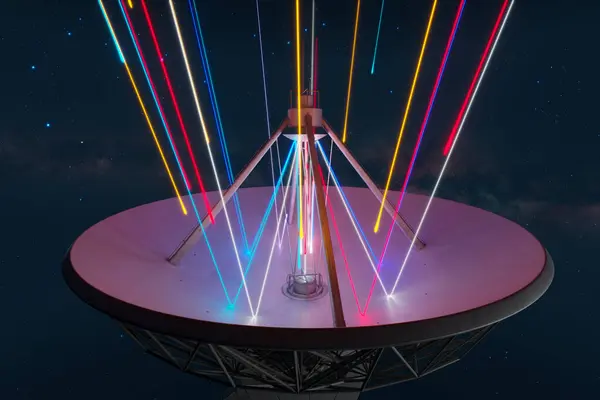 Captivating Display Satellite Dish Radiates Dazzling Array Multicolored Beams Cutting — Stock Photo, Image