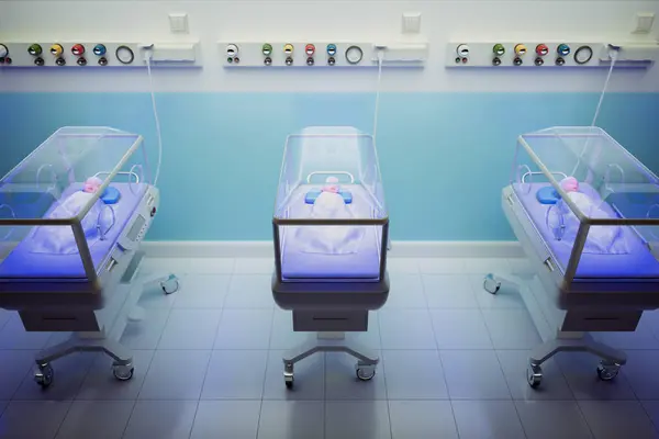 Neonatal Intensive Care Unit Life Saving Equipment Surrounding Three Premature — Stock Photo, Image