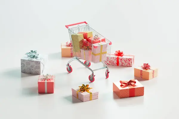 Shopping Cart Brimming Variety Vibrantly Wrapped Gift Boxes Embodying Spirit — Stock Photo, Image