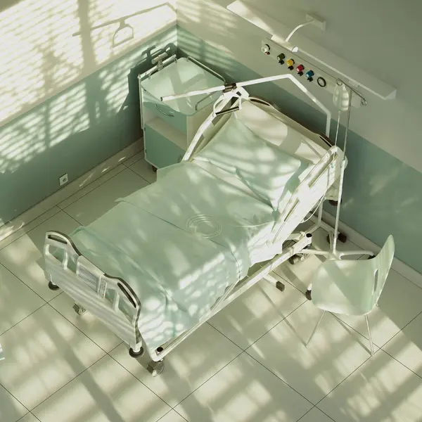 A spacious, sunlit hospital room with an unoccupied bed, showcasing state-of-the-art medical equipment, crisp linens, and a solitary chair, embodying a tranquil healing space.