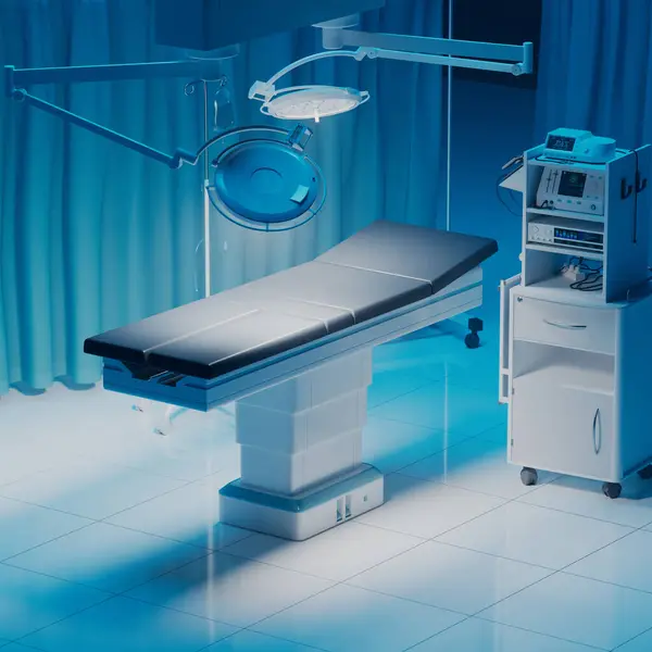 An immaculate operating room equipped with the latest surgical table and high-tech lighting systems, meticulously arranged to facilitate medical procedures.