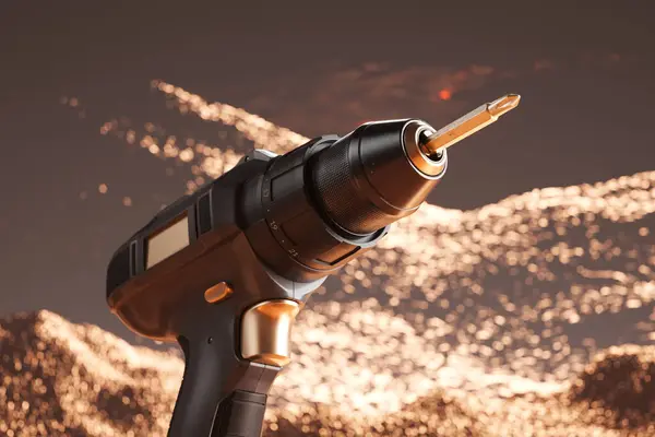 Detailed image showcasing an advanced electric drill with a radiant tip, emitting a cascade of golden sparks against a shadowy backdrop, exemplifying cutting-edge tool design and functionality.