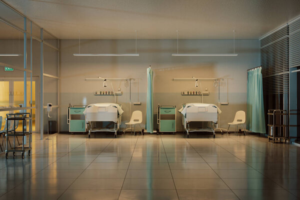 A well-equipped, neatly organized modern hospital room featuring twin patient beds, state-of-the-art medical machinery, and a comfortable, hygienic atmosphere.