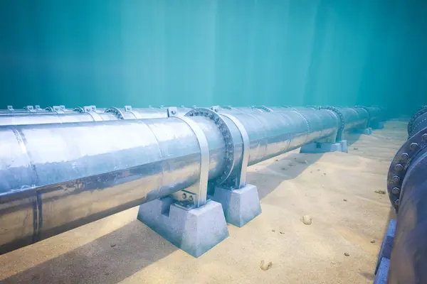 Newly Installed Pipeline Section Resting Concrete Supports Spans Sandy Seabed — Stock Photo, Image