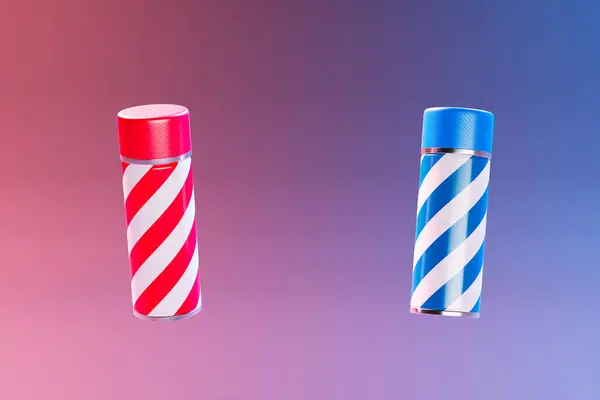 Pair Sleek Aerosol Cans Adorned Diagonal Stripes Stands Seamlessly Blended — Stock Photo, Image