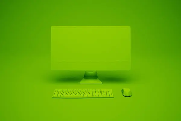 Striking Monochrome Workspace Showcasing Sleek Computer Setup Vibrant Green Themed — Stock Photo, Image