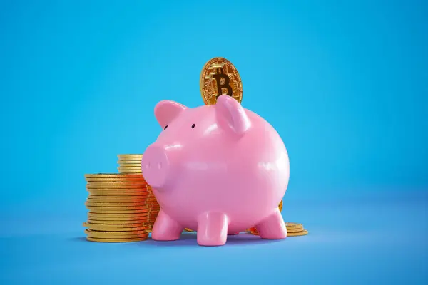 Investment growth, featuring a pink piggybank with an inserted Bitcoin coin, surrounded by golden stacks, representing the fusion of traditional savings and modern digital cryptocurrency.