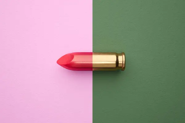 Striking Imagery Juxtaposing Lipstick Shaped Bullet Vibrant Pink Green Backdrop — Stock Photo, Image