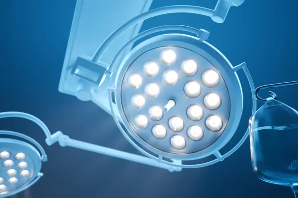 In-depth depiction of high-tech LED surgical lighting system and intravenous infusion gear immersed in a calming blue tone, representing the pinnacle of medical environment optimization.